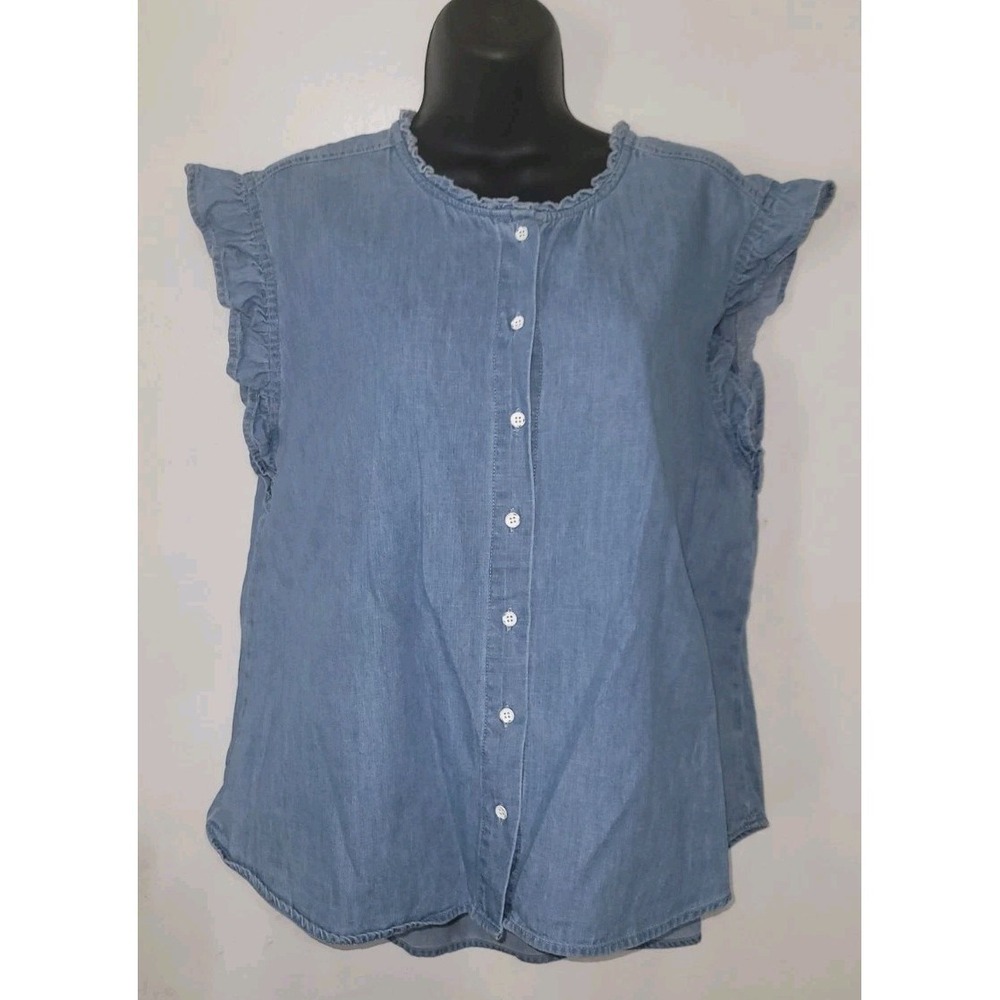 Frye Women's Medium Blue Denim Sleeveless Button Front V-Neck Ruffle Sleeve